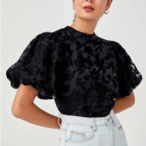 Love Bonito Nixie High Neck Jacquard Puff Sleeve Blouse NWT